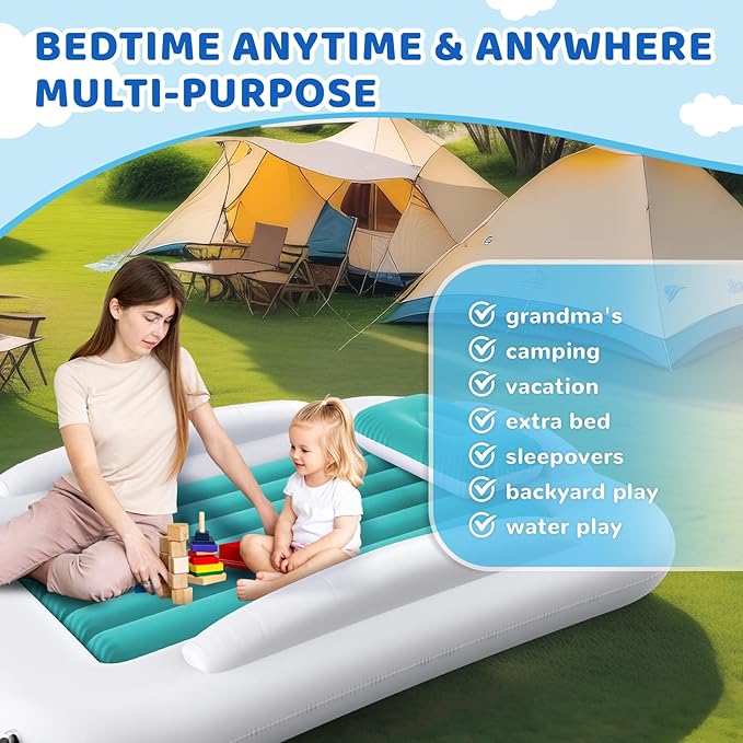 Deeteck Inflatable Toddler Travel Bed - 60 Inches Portable Toddler Bed for Travel with Safety Sides - Cozy Kids Air Mattress Set with High-Speed Pump & Carry Case - Easy to Inflate(Teal Blue)