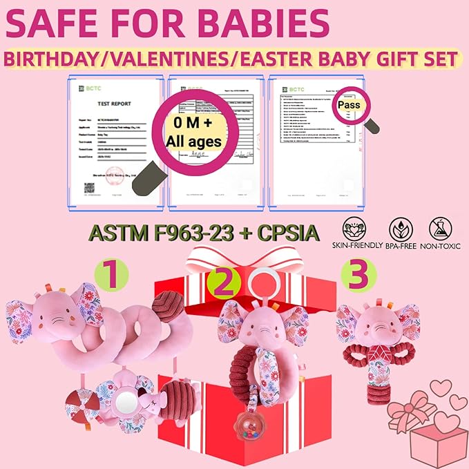 Infant Toys 0-6-12 Months Spiral Car Seat Toy, Baby Stroller Hanging Rattle Stuffed Animal Babies 0-2-3-4-5-7 Month Old Newborn Girl Valentines Gifts Easter Mirror Crinkle Pink Elephant 3PCS