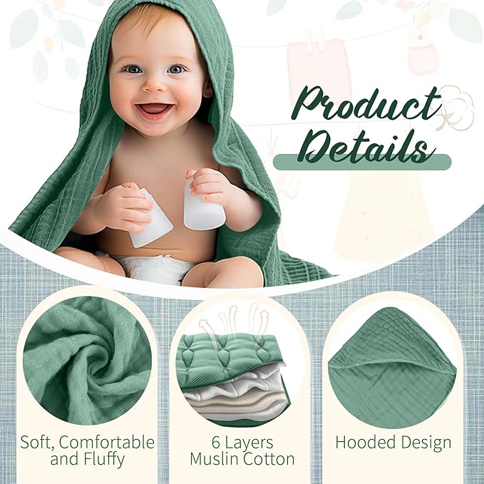 VitalCozy 8 Pcs Baby Muslin Hooded Bath Towels and Washcloths Muslin Cotton Hooded Baby Towels Absorbent Blankets for Gift Newborn Infant Shower (32 x 32 Inch,Modern Style)
