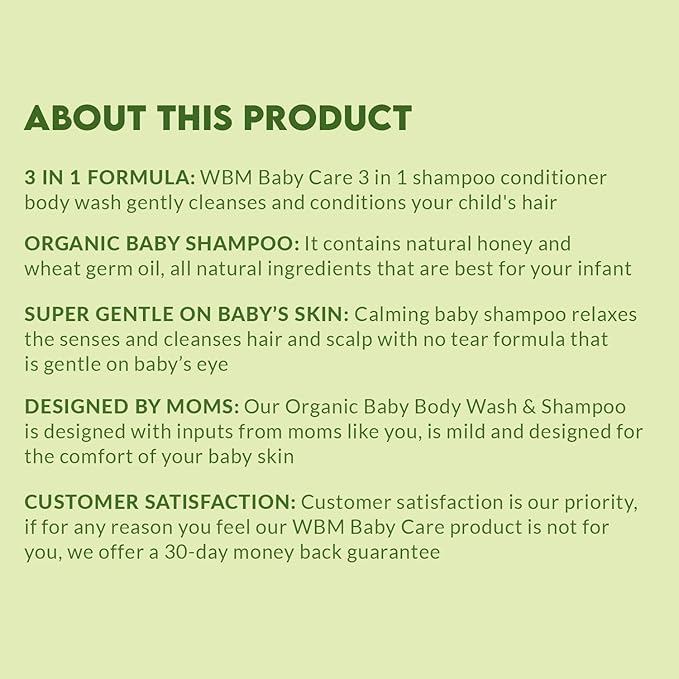 WBM Care 3-in-1 Baby Shampoo, Body Wash & Conditioner (10 oz, Pack of 2) offers a gentle, nourishing formula for baby’s hair and skin, Tear-free and hypoallergenic