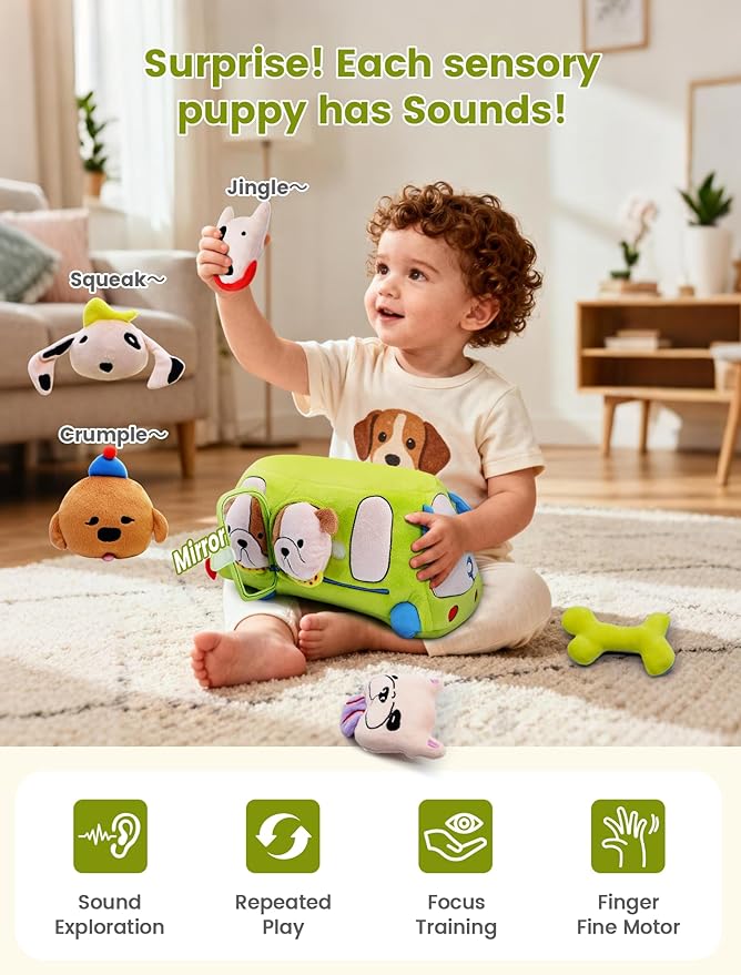 Baby Toys 6-12 Months - Sensory Toys Bus with Stuffed Puppies, Rattle, Crinkle Paper, Mirror & Squeaker, Montessori Toys for 6 Month Old Babies, Sensory Balls Toddlers 1-3
