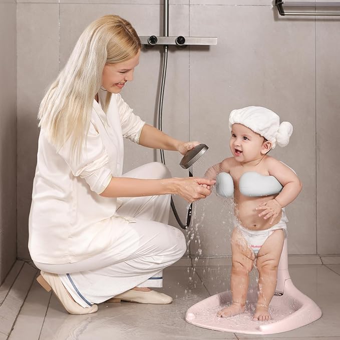 Foldable Baby Shower Stand, Toddler Bath Standing Support with Anti-Slip Base and Shower Holder, Adjustable 5 Levels Height, Ideal Gift for Infants 6-36 Months-Pink