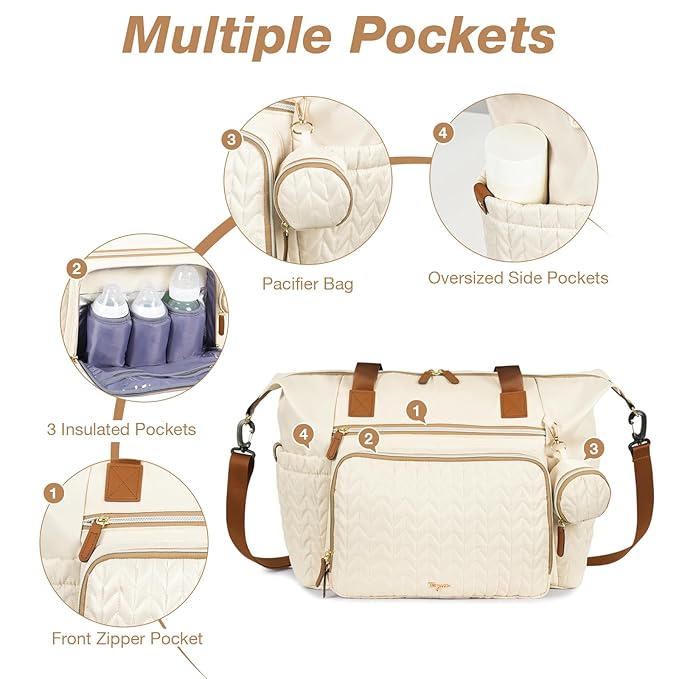 Diaper Bag Tote, Large Baby Diaper Bags Waterproof, Hospital Bag for Labor Delivery with Pacifier Case, Changing Pad, Shoulder Strap, Beige