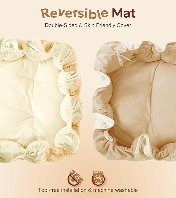 Mallify 5-in-1 Plush Baby Play Gym, Baby Play Mat, Convertible Baby Gym with Blanket and 6 Toys, Tummy time mat, Baby Activity Center from Newborn to Toddler, Baby Gym, Baby Newborn Essentials,Cream