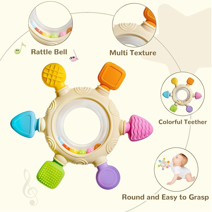 Hooku Silicone Teethers for Babies 6-12 Months, Teething Toys for Babies 0-6 Months, Baby Rattles Teethering Rings, BPA Free Baby Chew Toys, Gifts for Babies