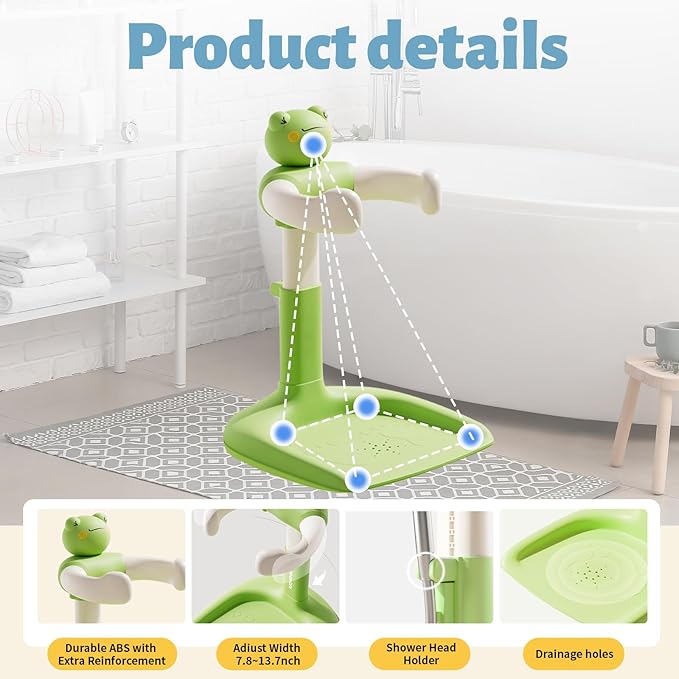 Baby Shower Stand, Toddler Bath Standing Support with Anti-Slip Base and Shower Holder, Adjustable Height, Soporte para Bañera de Bebé, Ideal Gift for Infants 6-36 Months-Green (Upgraded-Frog)