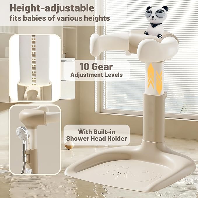 Baby Shower Stand with Support, 2-in-1 Sitting & Standing Baby Bath Stand with Anti-Slip Base, 10 Levels Adjustable Height and Armrest with Seat for Toddlers, Ideal Gift for Infants 6-36 Months