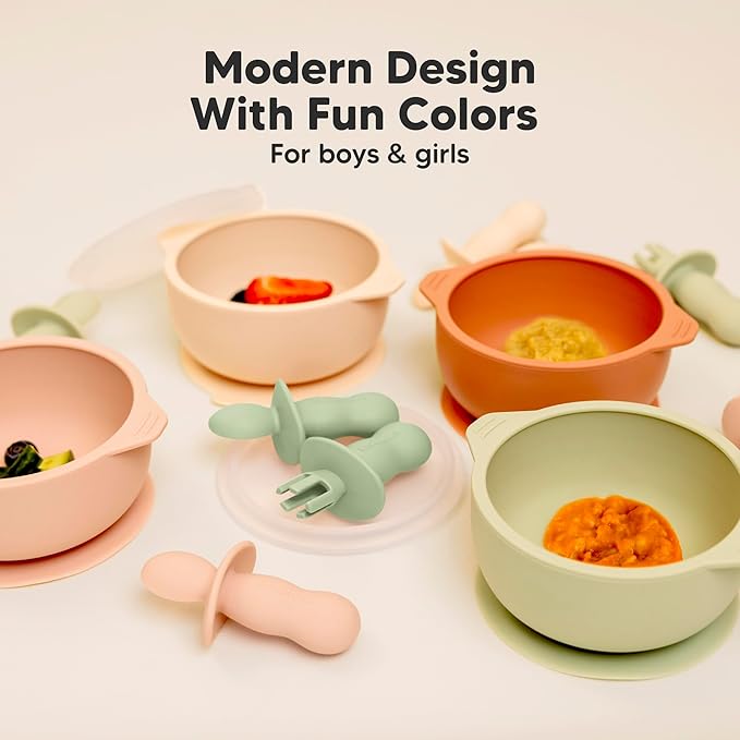 KeaBabies 4-Pack Silicone Baby Spoons and Forks Set - Baby Led Weaning Utensils 6-12 Months, Self Feeding Toddler Spoon & Fork for Training, Teething, Easy to Hold, BPA-Free Silicone (Sage)