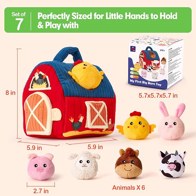 hahaland Baby Toys 6-12 Months - Surprise Barn Stuffed Farm Animals, Rattle, Crinkle, Mirror, Montessori Toys for 6 Month Old Sensory Balls 1-3 Plush Baby Valentines Day Gifts Easter Basket Stuffers