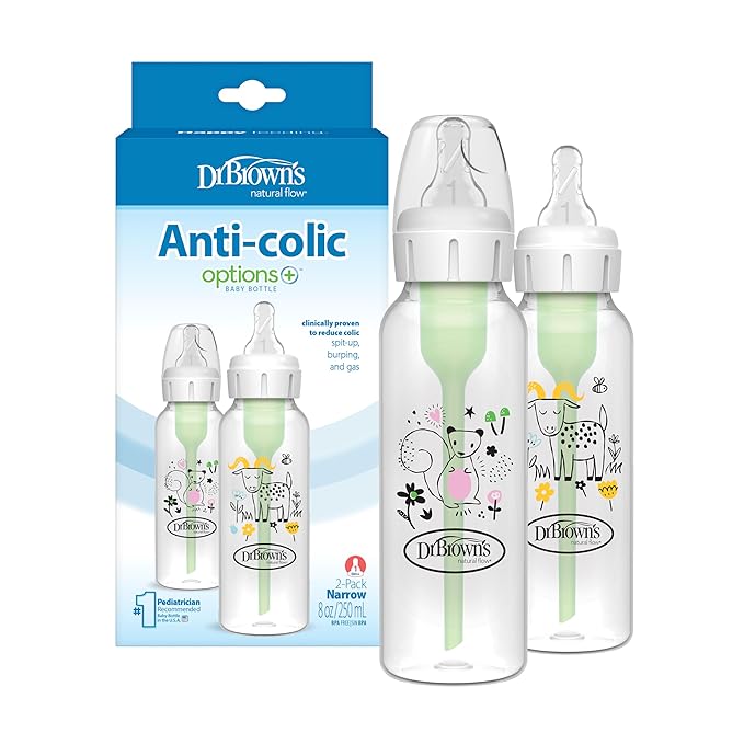 Dr. Brown's Natural Flow Anti-Colic Options+ Narrow Baby Bottle, Squirrel & Goat, 8 oz/250 mL, with Level 1 Slow Flow Nipple, BPA Free, 0m+, (Pack of 12)