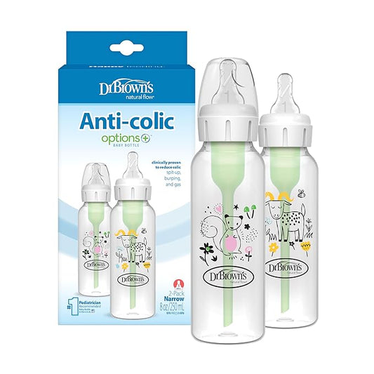 Dr. Brown's Natural Flow Anti-Colic Options+ Narrow Baby Bottle, Squirrel & Goat, 8 oz/250 mL, with Level 1 Slow Flow Nipple, BPA Free, 0m+, (Pack of 12)