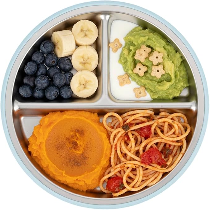 PandaEar 6-in-1 Stainless Steel Baby Feeding Set | Divided Suction Plate, Bowl, Sippy Cup with Straw, Bib, Spoon & Fork | BPA-Free Toddler Feeding Essentials for Self-Feeding (Blue)