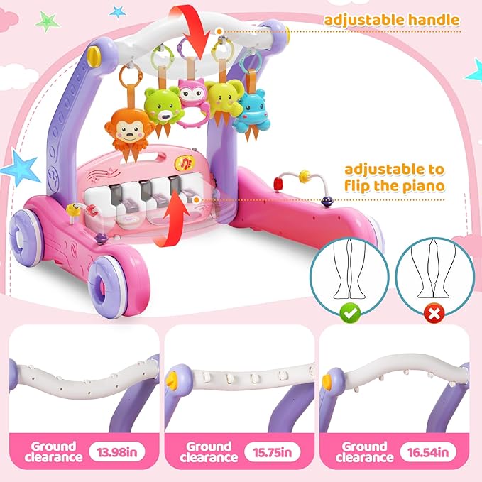 2 in 1 Baby Gym Play Mat with Walker, Kick and Play Piano Gym Activity for Boys Girls, Musical Activity Center Tummy Time Mat for 0-3-6-12-18 Months, Learning Walker Play Gym for Infant Toddler Gift
