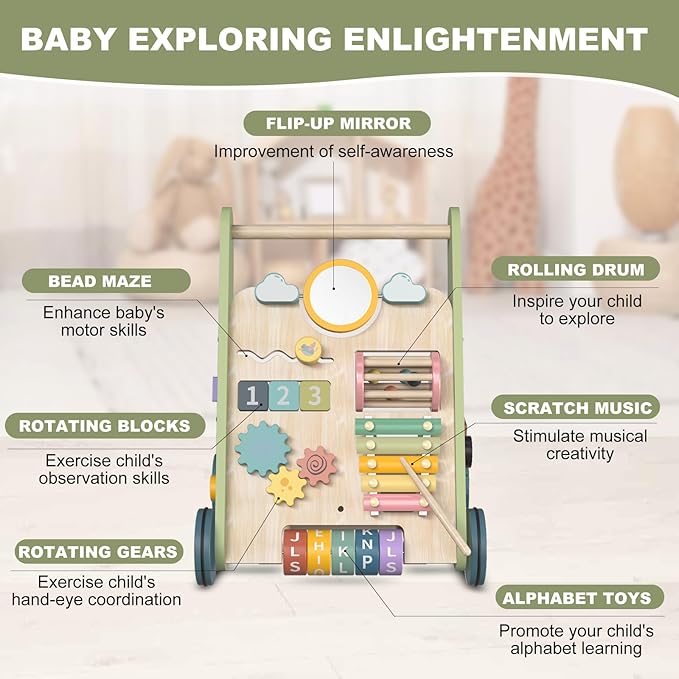 11-in-1 Montessori Baby Walker Toddlers Push Walker Wooden Activity Center Gift for 1 Year Old Boys Girls, Adjustable Speed & Quiet Wheels Learning to Walk Sensory Toys Baby Sit-to-Stand Walking Toys