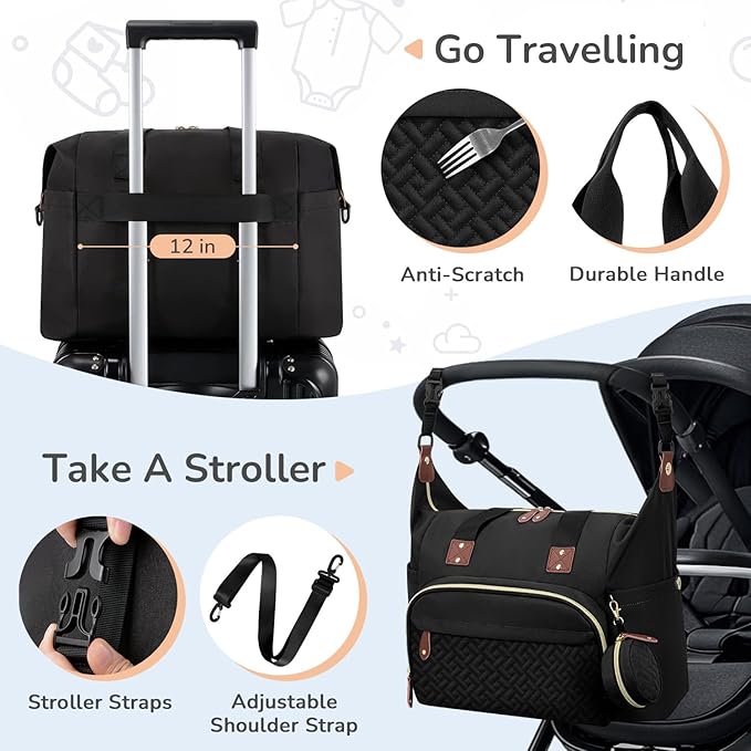 Diaper Bag Tote with Pacifier Case, Baby Bag for Women with Shoulder Straps, Travel Diaper Tote for for Mom and Dad Black