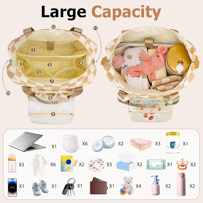 Diaper Bag Tote, Baby Diaper Tote Bags Crossbody Hospital Bag Travel Large Mommy Bag, with Silicone Pacifier Case