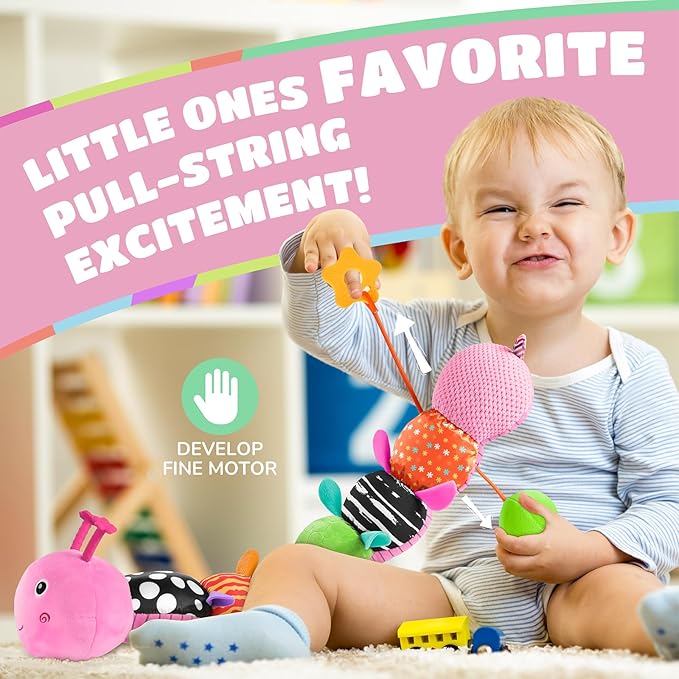 AWOTOY Baby Toys 6-12 Months Music Caterpillar Infant Toys Stuffed Animals 0-3-6 Months Teething Tummy Time Sensory Toys with Mirror Rattle&Pull String for Boys Girls Birthday Gifts|Candy Pink,Leafy