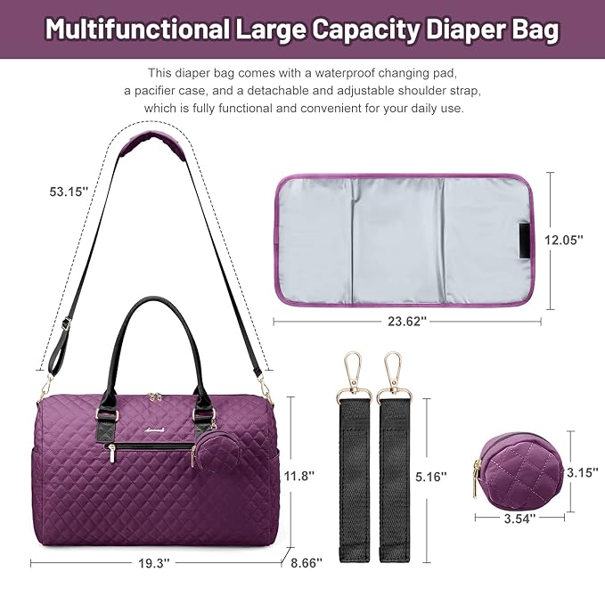 LOVEVOOK Diaper Bag Tote with Pacifier Case and Changing Pad, Large Capacity Mommy Bag for Hospital and Weekender Travel, Functional Baby Bag Newborn Baby Essential, Purple