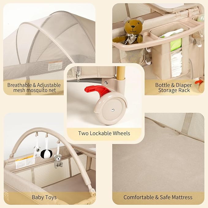 Baby Bassinet 5 in 1 Pack and Play,Baby Crib Adjustable Beside Sleeper One-Second &One-Hand Setup,Portable Playard Foldable Playpen for Newborn,Babies and Toddlers with Changing Table,Mattress (Beige)