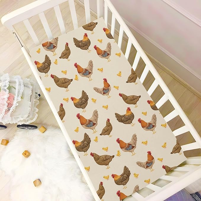 Pfrewn Crib Sheets for Boys Girls Hens Roosters Chickens Set Fitted Crib Sheet for Mini Crib Mattress Stretch Soft Toddler Baby Playard Sheet, 39x27x5IN