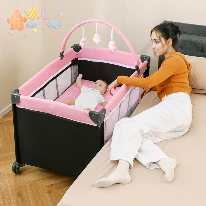 HONEY JOY Pack and Play, 4 in 1 Folding Infant Playpen with Bassinet, Quickly Assembled, Breathable Mesh Fabric, Carry Bag, Diaper Changing Table, Toys, Portable Crib for Babies & Toddlers (Pink)