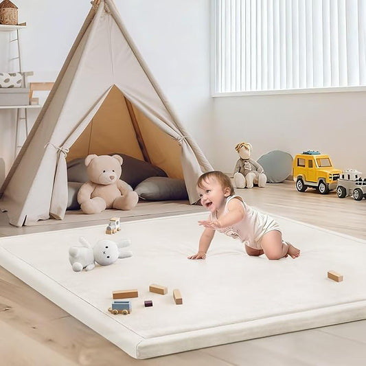 ILPEOD Baby Play Mat for Floor Tummy Time Mat Nursery Rug Muscle Mat Area Playroom Rug Tatami 4'11x3'28" Memory Foam 1.3" Thick Crawling Mat for Babies,Toddlers, Infants, (Cream)