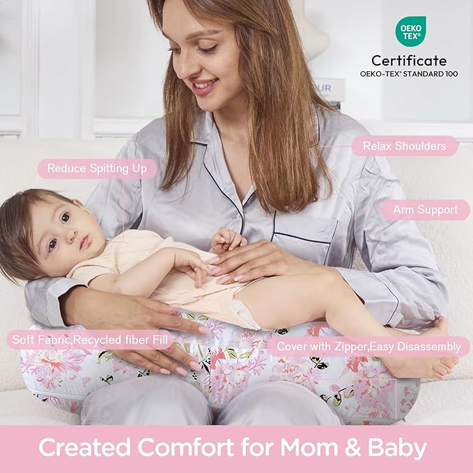 Little Grape Land Nursing Pillow, Upgraded Breast Feeding Pillow for Mom, Breastfeeding Bottle Feeding for 0–16 Months, Machine Washable Cover with Firm Breathable Filling for Tummy Time, Rose Floral