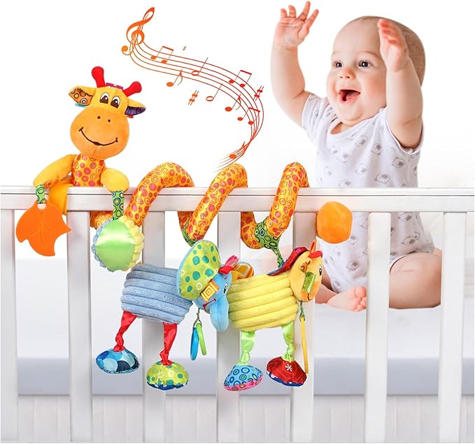 Jollybaby Crib Stroller Car Seat Toys for Baby 0-3-6-9-12 Months, Tummy Time Hanging Sensory Toys for Newborn with Music Box and Teether, Spiral Carseat Toy for Infant Boys Girls Gifts (Giraffe)