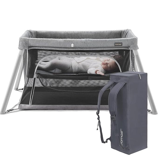 Gromast 2 in 1 Portable Travel Crib for Toddler, Foldable Crib for Baby, Lightweight Playpen Collapsible Playard with Soft Mattress, Easy to Carry Baby Travel Bed for Outdoor, Indoor (Grey)