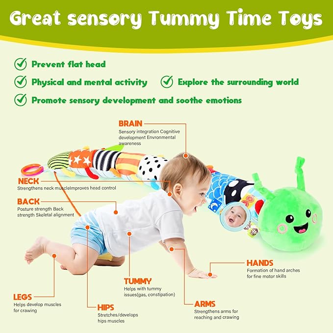 33in Plush Caterpillar Baby Sensory Toy 0-12 Months - Detachable Touch-Sensitive Music Box (30 Sounds), Baby Mirror, Crinkle Rattle & Teether - Perfect for Tummy Time, Car Seat Use - Ideal Newborn Sho