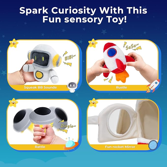 IPOZITO Baby Toys 6-12 Months,Soft Rocket with 5 Sensory Plush Toy, Rattle, Crinkle Paper, Squeaker, Mirror, Busy Montessori Toys for 6 Month Old Christmas Baby Stocking Stuffers