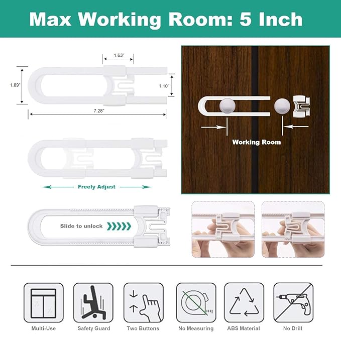 Sliding Cabinet Child Safety Locks - OKEFAN Baby Proofing Cabinet Lock Cupboard Latches for Kids on Closet Door Knobs Handles Pulls No Drill (10, White)