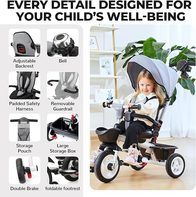 Toddler Tricycle with Push Handle, 7 in 1 Stroller Trike with 360° Swivel Seat, Reclining Backrest, All-Terrain Wheels, Dual Brakes, Canopy & Storage, Gift for Kids 18 Months to 5 Years, Gray