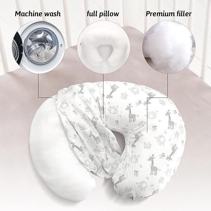 LAT Nursing Pillow for Breastfeeding,100% Cotton Removable Cover,Ergonomic Breast Feeding Pillows for Mom and Baby,Machine Washable(Giraffe & Elephant)