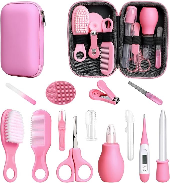 Baby Healthcare and Grooming Kit, 14 in 1 Baby Safety Set Newborn Nursery Health Care Set with Hair Brush Scale Nail Clippers for Baby Girls Boys (14 Kits Pink)