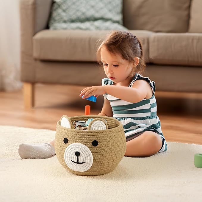 PandaEar Cotton Rope Baby Basket, Baby Gift Basket Nursery Laundry Organizer with Cute Bear Design for Storage Infant Newborn Essentials, Diaper Caddy with Handle (Brown)