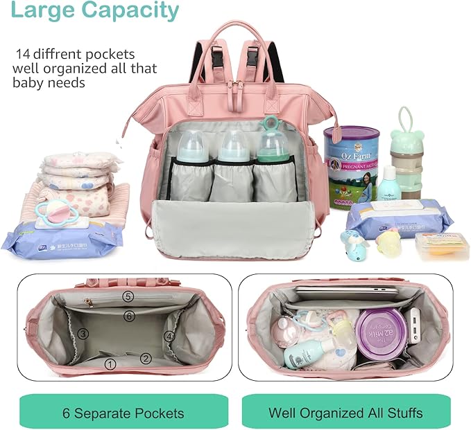 Large Diaper Bag Tote, 14 Pockets Stylish Baby Bag with Stroller Clips and 3 Insulated Pockets, Baby Shower Essentials