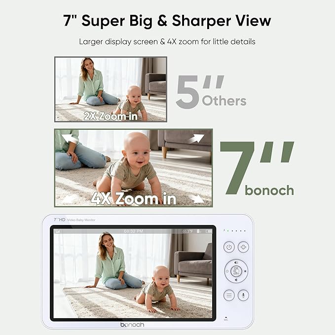 bonoch 7" Baby Monitor No WiFi, Upgraded 1080P HD MegaView Video Monitor with Camera and Audio, 6000mAh Battery, VOX Mode, Night Vision, Hack Proof, Remote PTZ, White Noise, Gifts for Parents