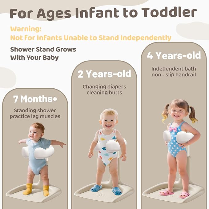 Baby Shower Stand with Support, 2-in-1 Sitting & Standing Baby Bath Stand with Anti-Slip Base, 10 Levels Adjustable Height and Armrest with Seat for Toddlers, Ideal Gift for Infants 6-36 Months