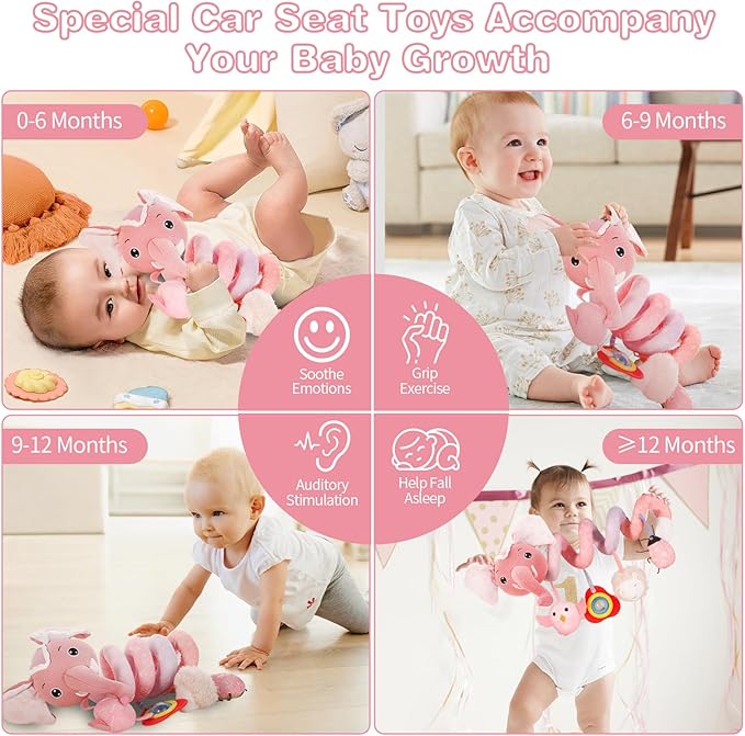 FATI Car Seat ToysBaby Toys 0-6 Months, Spiral Plush Baby Toy for Baby Crib Carseat, Sensory Toys with Squeaker Teether Rattles for 0 3 6 9 12 Months Babies Ideal Gifts