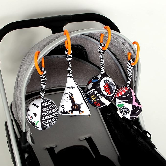 KAKIBLIN Baby Hanging Rattle Toys, 4 Pack Black and White Car Seat Baby Toys Soft Squeaky Stroller Toy for Babies Montessori Sensory Toy 0-12 Months for Newborn Infant, White and Black