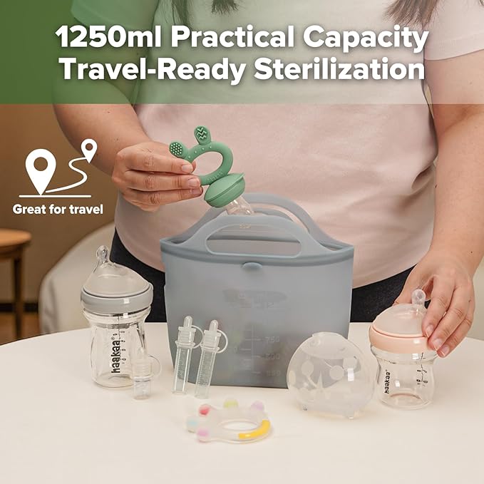 Haakaa On-The-Go Silicone Microwave Steam Sterilizer Bags for Travel, 40oz/1250ml Reusable Silicone Steaming Bags for Baby Bottles, Breast Pump, Accessories, Pacifiers, Teethers, Grey/2PCS