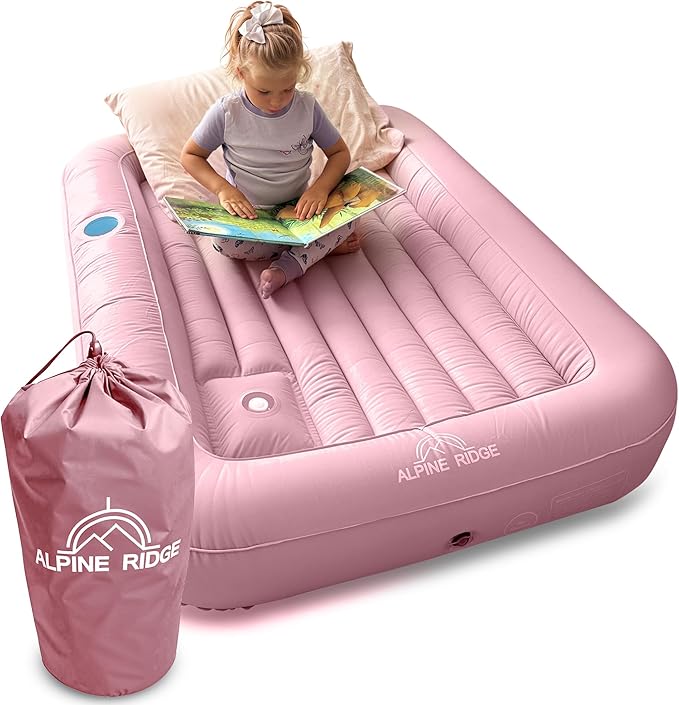 Alpine Ridge - Toddler Travel Bed with Safety Bumpers [4-Sided] | Portable Bed for Kids | Toddler Air Mattress | Kids Air Mattress with Built-in Foot Pump (Pink)