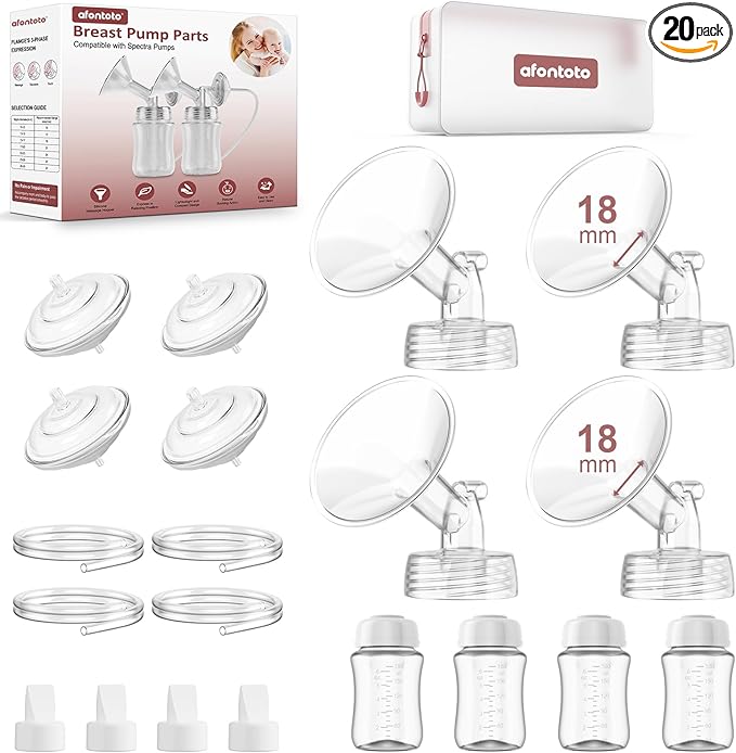 18mm Flange Pump Parts Compatible with Spectra S1/S2/9Plus, Not Original Spectra S2 Replacement Pump Parts, 4 Set Replacement Kit Include 18mm Flange,Duckbill Valve,Backflow Protector,Tube,Bottle