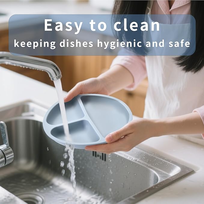 Silicone Baby Feeding Set, Includes Baby Spoons, Toddler Plates and Baby Fork, Suction Plates for Toddlers Divided Design, Microwave and Dishwasher Safe (C-2)