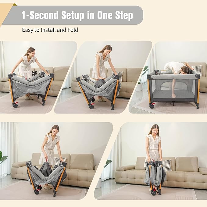 Baby Bassinet 5 in 1 Pack and Play,Baby Crib Adjustable Beside Sleeper One-Second &One-Hand Setup,Portable Playard Foldable Playpen for Newborn,Babies and Toddlers with Changing Table,Mattress (Grey)