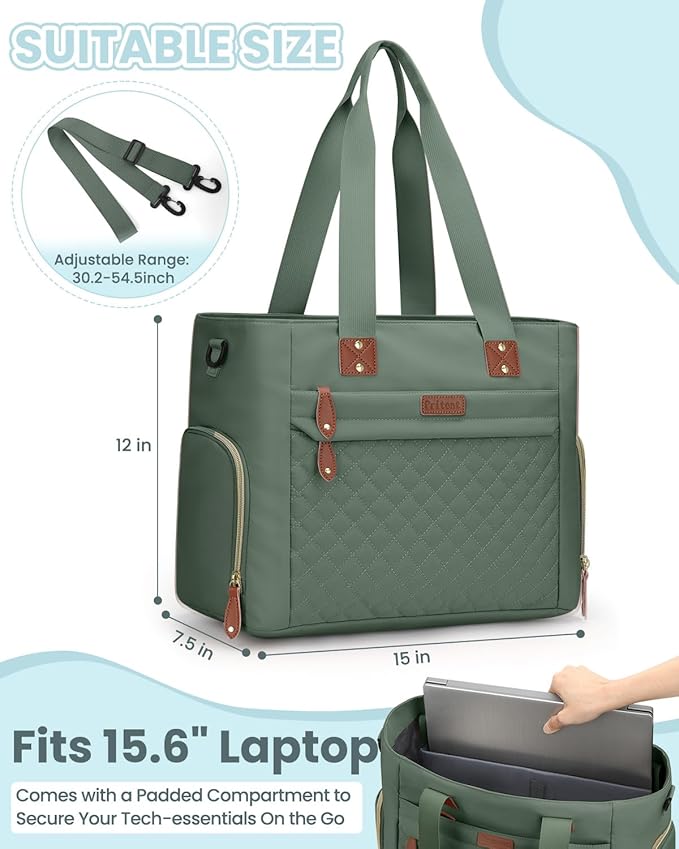 Diaper Bag Tote for Working Mom, Large Travel Diaper Tote for Mom and Dad with 14 Inch Laptop Sleeve, Mommy Maternity Travel Baby Bag for Boys and Girls, Green