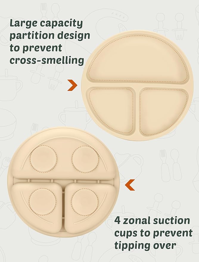 JELLDJK Silicone Baby Feeding Set 9 Pcs, Spill-Proof Suction Plate, Bowl, Bib, Silicone spoon&forks, Wooden Spoons&forks, Training cup with straw and Sippy Cup, Baby Eating Utensils (Beige)