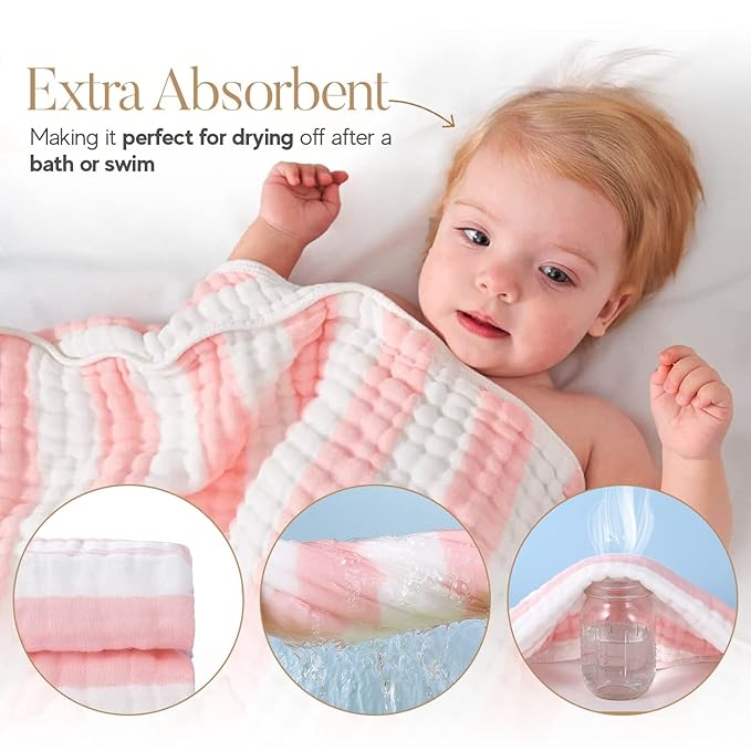 HardNok Muslin Hooded Baby Towel 4 Pack, 100% Organic Premium Cotton, (2) 6-Layer 32x32 Bath Towels & (2) Washcloths, Soft Newborn & Infant Gift Set (Pink Stripe & White)