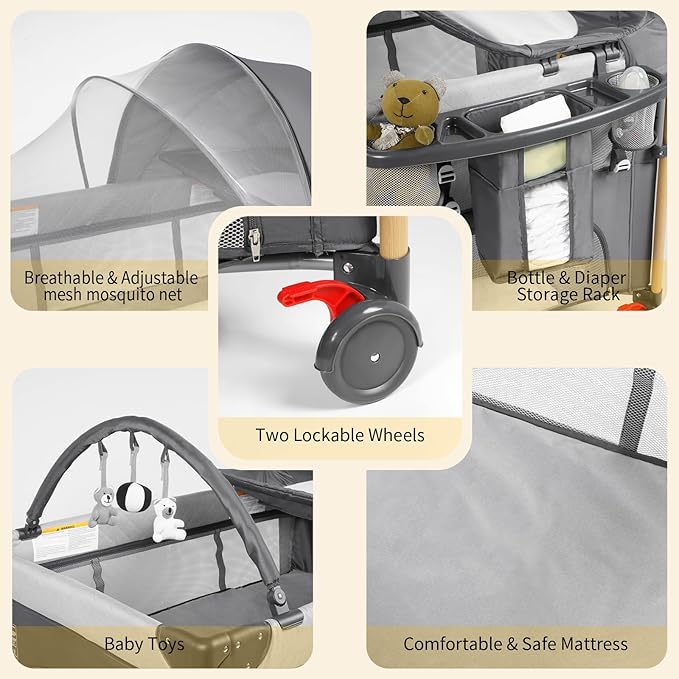 Baby Bassinet 5 in 1 Pack and Play,Baby Crib Adjustable Beside Sleeper One-Second &One-Hand Setup,Portable Playard Foldable Playpen for Newborn,Babies and Toddlers with Changing Table,Mattress (Grey)